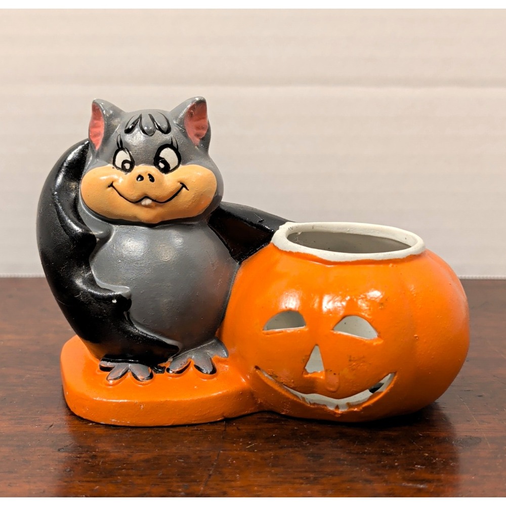 Design House Halloween Bat Jack-o'-Lantern Ceramic Tea Light Candle Holder 1990